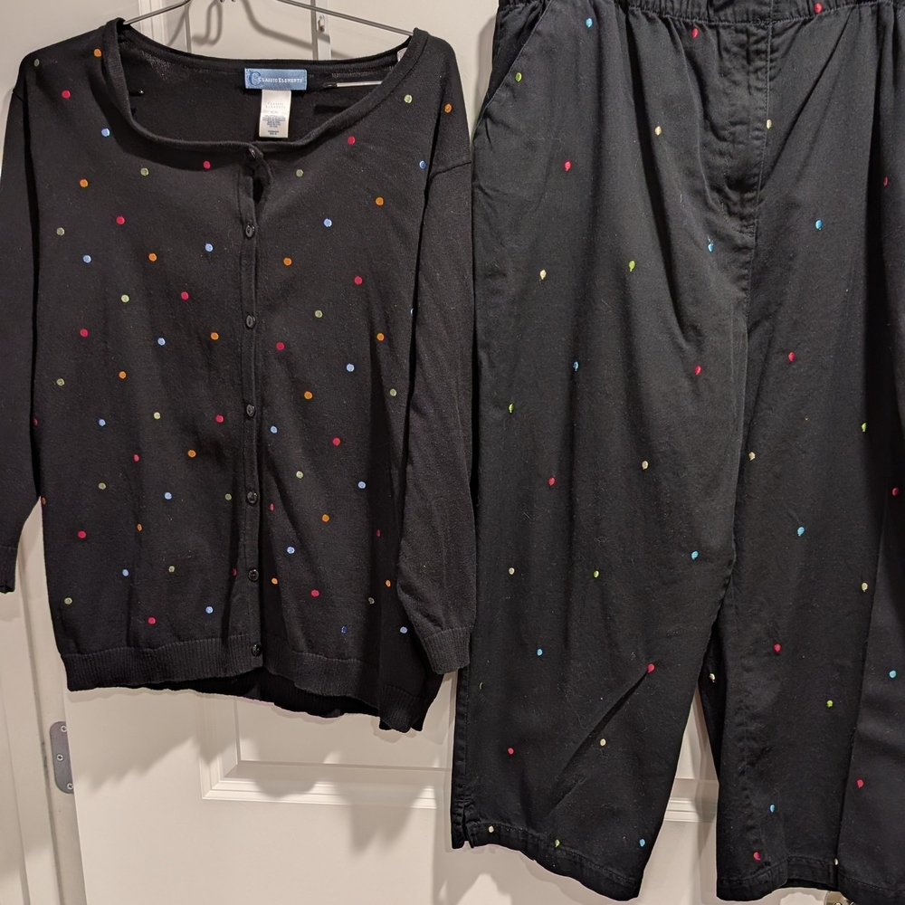 Classic Elements XL Black Polka Dot 2 Piece Set Cardigan + Cropped Pants EUC
